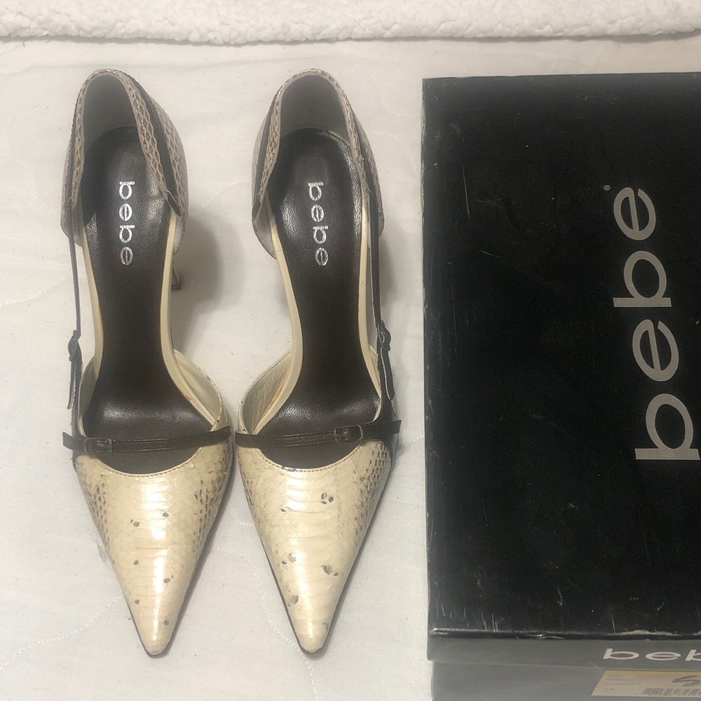 bebe Cream Snake-Print Pointed Toe Slingback Heels 7.5